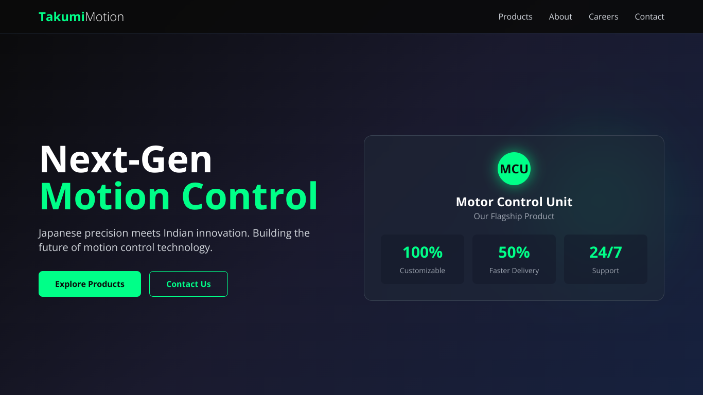 I want a landing page for my company Takumi Motion Controls 